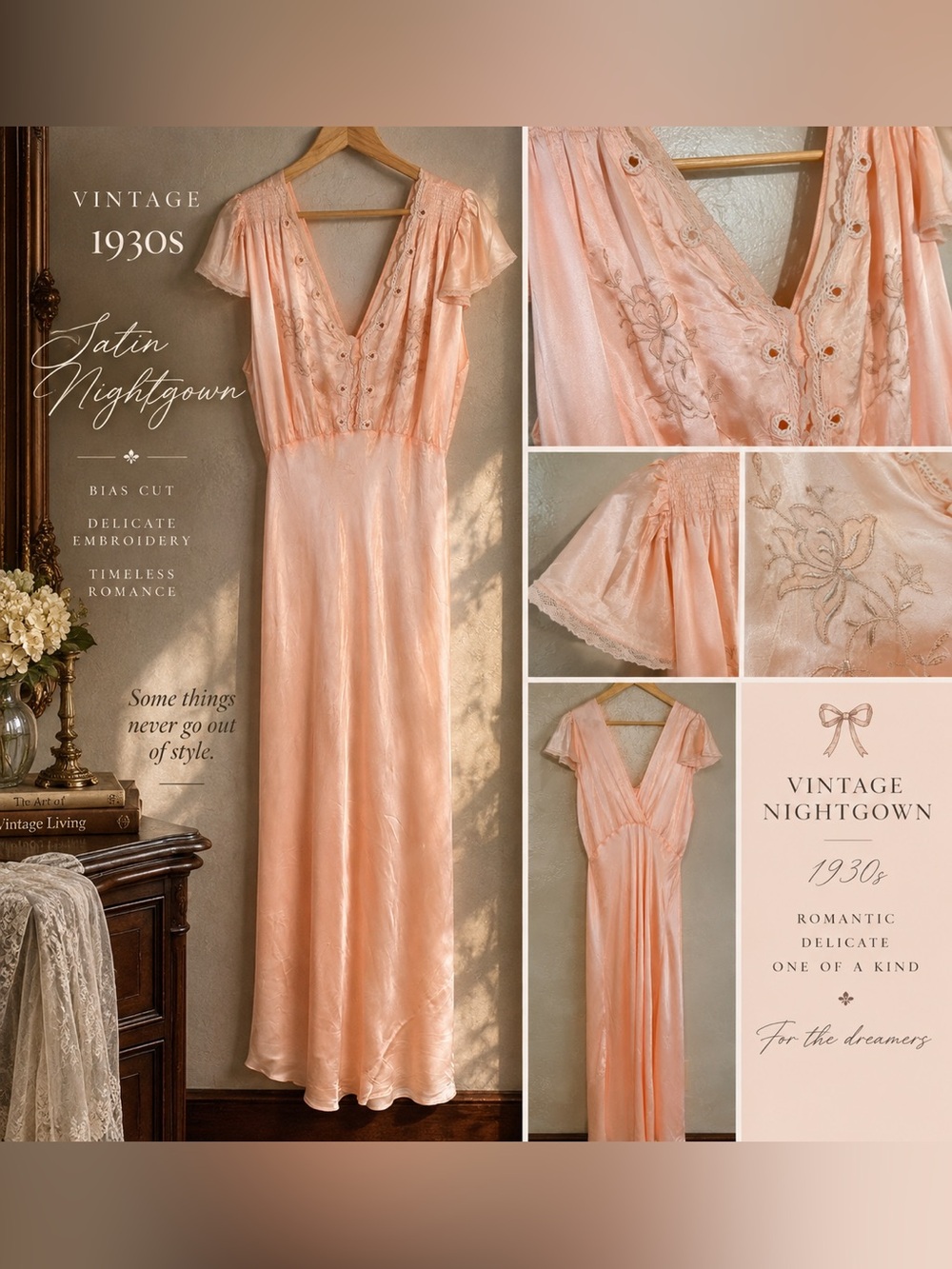 Vintage 1930s Peach Rayon Satin Bias Cut Nightgown Embroidered Lace